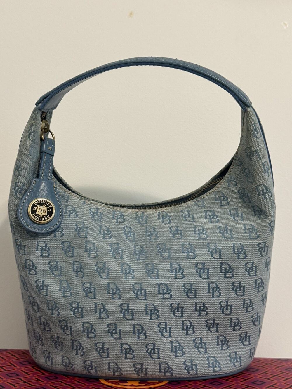 Vintage Dooney & Bourke Y2K Era Blue Monogram Jacquard Mini Hobo Bag